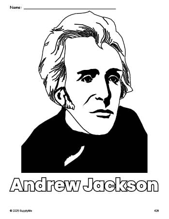 Free printable Andrew Jackson Presidents' Day coloring page for preschool, pre-k, and kindergarten, PDF