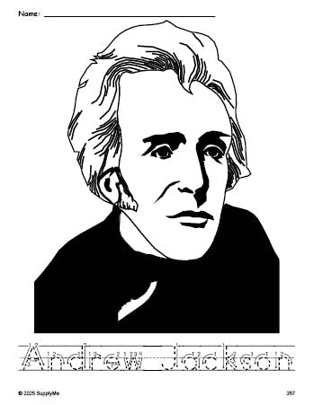 Free printable Andrew Jackson Presidents' Day coloring page and word tracing worksheet, letter formation guides, perfect for preschool, pre-k, and kindergarten, PDF