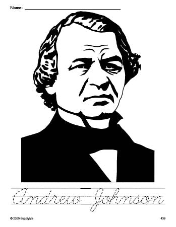 Free printable Andrew Johnson Presidents' Day coloring page and cursive word tracing worksheet, perfect for preschool, pre-k, and kindergarten, PDF