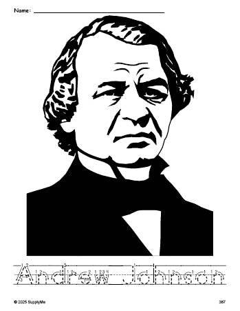 Free printable Andrew Johnson Presidents' Day coloring page and word tracing worksheet, letter formation guides, perfect for preschool, pre-k, and kindergarten, PDF