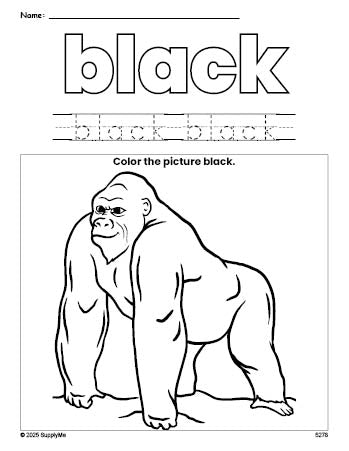 Free ape color black coloring page and color worksheet, black worksheet for preschoolers to learn colors, printable PDF