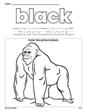 Free ape color black coloring page and color worksheet, black worksheet for preschoolers to learn colors, printable PDF