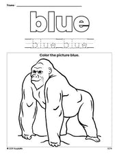 Free ape color blue coloring page and color worksheet, blue worksheet for preschoolers to learn colors, printable PDF