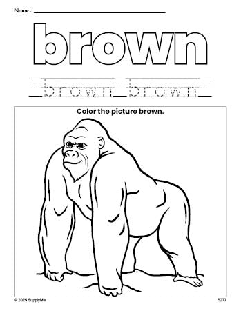 Free ape color brown coloring page and color worksheet, brown worksheet for preschoolers to learn colors, printable PDF