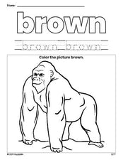 Free ape color brown coloring page and color worksheet, brown worksheet for preschoolers to learn colors, printable PDF