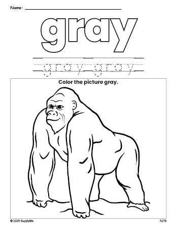 Free ape color gray coloring page and color worksheet, gray worksheet for preschoolers to learn colors, printable PDF