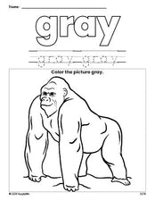 Free ape color gray coloring page and color worksheet, gray worksheet for preschoolers to learn colors, printable PDF