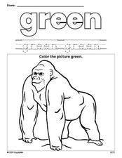 Free ape color green coloring page and color worksheet, green worksheet for preschoolers to learn colors, printable PDF