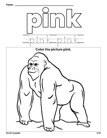 Free ape color pink coloring page and color worksheet, pink worksheet for preschoolers to learn colors, printable PDF