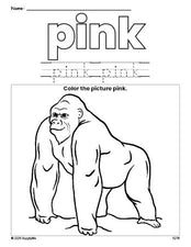 Free ape color pink coloring page and color worksheet, pink worksheet for preschoolers to learn colors, printable PDF