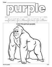 Free ape color purple coloring page and color worksheet, purple worksheet for preschoolers to learn colors, printable PDF