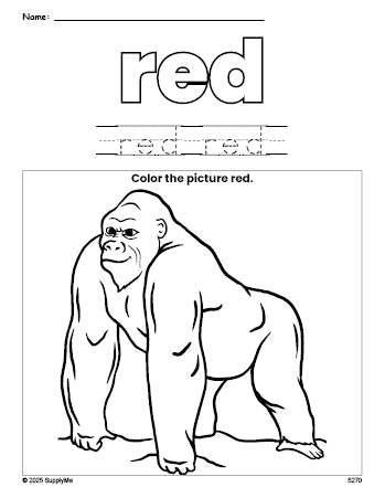 Free ape color red coloring page and color worksheet, red worksheet for preschoolers to learn colors, printable PDF