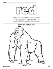 Free ape color red coloring page and color worksheet, red worksheet for preschoolers to learn colors, printable PDF