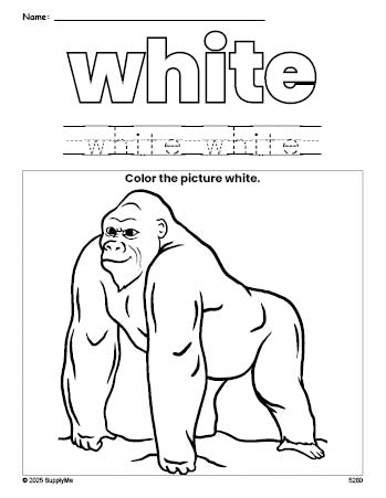 Free ape color white coloring page and color worksheet, white worksheet for preschoolers to learn colors, printable PDF