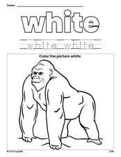 Free ape color white coloring page and color worksheet, white worksheet for preschoolers to learn colors, printable PDF