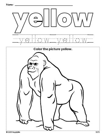 Free ape color yellow coloring page and color worksheet, yellow worksheet for preschoolers to learn colors, printable PDF