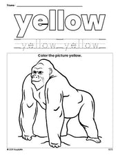 Free ape color yellow coloring page and color worksheet, yellow worksheet for preschoolers to learn colors, printable PDF