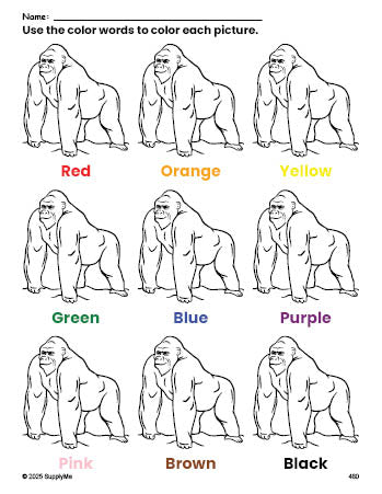 Free ape coloring page and color worksheet for preschoolers to learn colors, printable PDF