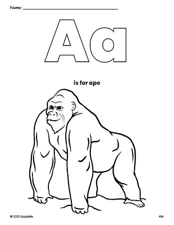 Free printable ape coloring page, letter a coloring page for preschool, pre-k, and kindergarten, PDF