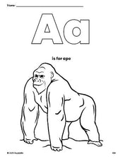 Free printable ape coloring page, letter a coloring page for preschool, pre-k, and kindergarten, PDF