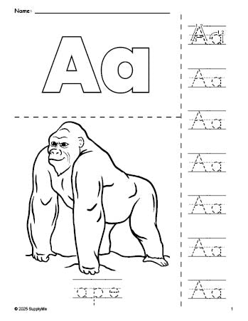 Free printable ape coloring page and letter tracing worksheet, letter a worksheet for preschool, pre-k, and kindergarten, PDF