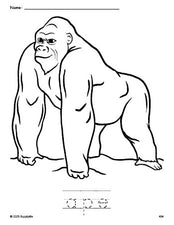 Free printable ape coloring page and word tracing worksheet, perfect for preschool, pre-k, and kindergarten, PDF