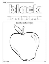 Free apple color black coloring page and color worksheet, black worksheet for preschoolers to learn colors, printable PDF