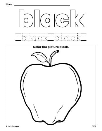 Free apple color black coloring page and color worksheet, black worksheet for preschoolers to learn colors, printable PDF