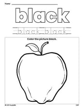 Free apple color black coloring page and color worksheet, black worksheet for preschoolers to learn colors, printable PDF