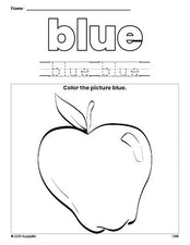 Free apple color blue coloring page and color worksheet, blue worksheet for preschoolers to learn colors, printable PDF