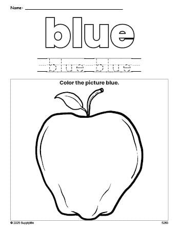 Free apple color blue coloring page and color worksheet, blue worksheet for preschoolers to learn colors, printable PDF