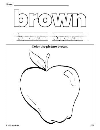 Free apple color brown coloring page and color worksheet, brown worksheet for preschoolers to learn colors, printable PDF