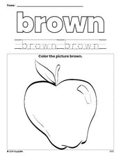 Free apple color brown coloring page and color worksheet, brown worksheet for preschoolers to learn colors, printable PDF