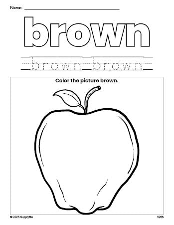 Free apple color brown coloring page and color worksheet, brown worksheet for preschoolers to learn colors, printable PDF