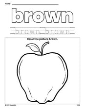 Free apple color brown coloring page and color worksheet, brown worksheet for preschoolers to learn colors, printable PDF