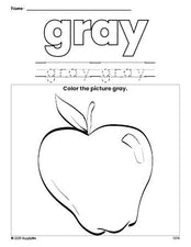 Free apple color gray coloring page and color worksheet, gray worksheet for preschoolers to learn colors, printable PDF