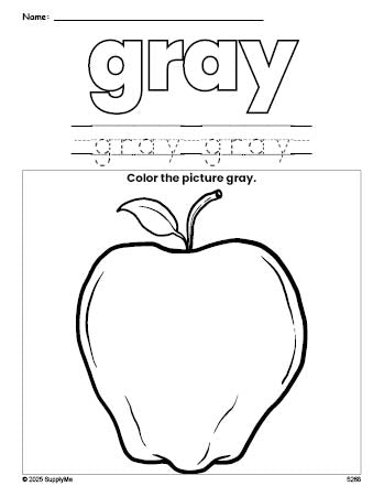 Free apple color gray coloring page and color worksheet, gray worksheet for preschoolers to learn colors, printable PDF