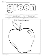 Free apple color green coloring page and color worksheet, green worksheet for preschoolers to learn colors, printable PDF