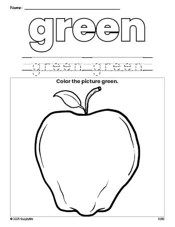 Free apple color green coloring page and color worksheet, green worksheet for preschoolers to learn colors, printable PDF