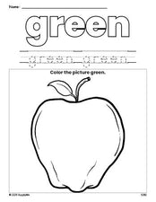 Free apple color green coloring page and color worksheet, green worksheet for preschoolers to learn colors, printable PDF