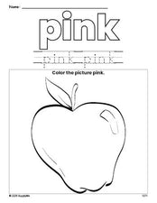 Free apple color pink coloring page and color worksheet, pink worksheet for preschoolers to learn colors, printable PDF