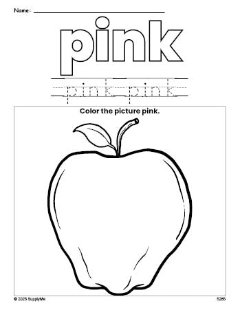 Free apple color pink coloring page and color worksheet, pink worksheet for preschoolers to learn colors, printable PDF