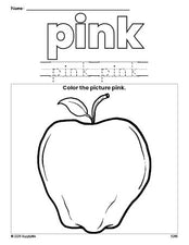 Free apple color pink coloring page and color worksheet, pink worksheet for preschoolers to learn colors, printable PDF