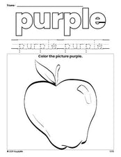 Free apple color purple coloring page and color worksheet, purple worksheet for preschoolers to learn colors, printable PDF