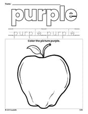 Free apple color purple coloring page and color worksheet, purple worksheet for preschoolers to learn colors, printable PDF