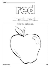 Free apple color red coloring page and color worksheet, red worksheet for preschoolers to learn colors, printable PDF