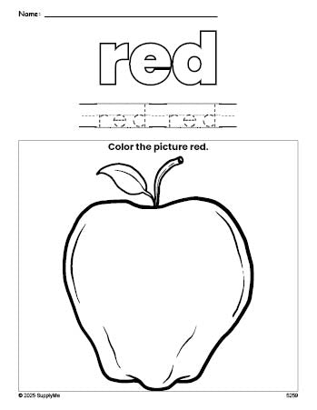 Free apple color red coloring page and color worksheet, red worksheet for preschoolers to learn colors, printable PDF