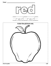 Free apple color red coloring page and color worksheet, red worksheet for preschoolers to learn colors, printable PDF