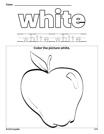 Free apple color white coloring page and color worksheet, white worksheet for preschoolers to learn colors, printable PDF