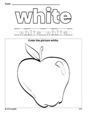 Free apple color white coloring page and color worksheet, white worksheet for preschoolers to learn colors, printable PDF